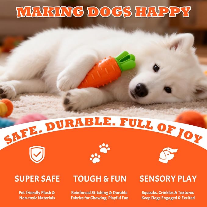 DAMAH Dog Squeaky Chew Toys for Aggressive Chewers, Rubber Carrot Dog Toys for Training and Cleaning, Durable Interactive Tough Dog Toy for Puppy Medium Dogs