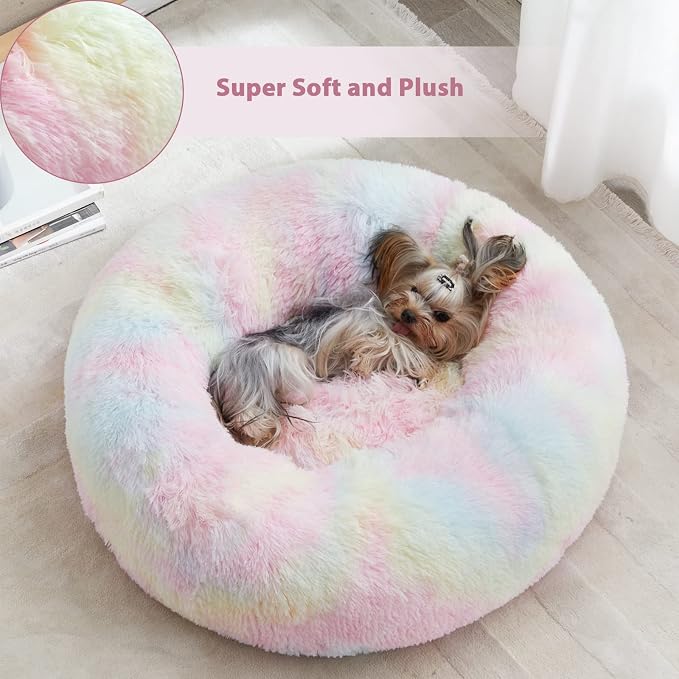 WNPETHOME Medium Round Calming Dog Bed Cat Bed for Comfy Sleep | Dog Bed For Medium Dog, Cute Washable Puppy Bed with Cozy Plush, Faux Fur Anxiety Pet Bed Donut Cuddler (30x30x10In, Rainbow)