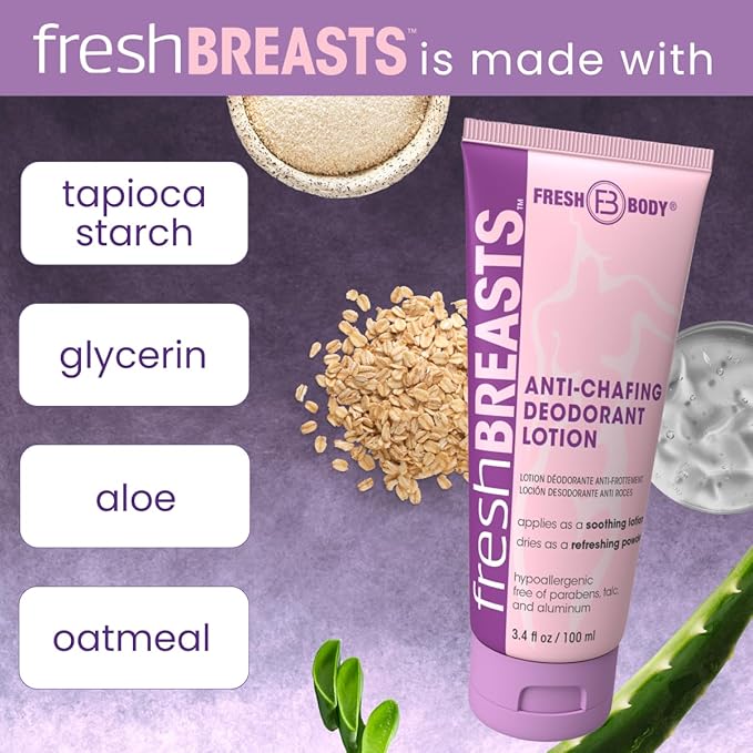 Fresh BREASTS Cream Anti Chafing Deodorant Lotion to Powder, 3.4oz (3 Pack) Anti Chafe Whole Body Deodorant for Women, Inner Thighs & Areas that Sweat - No Talc, Aluminum or Fragrance