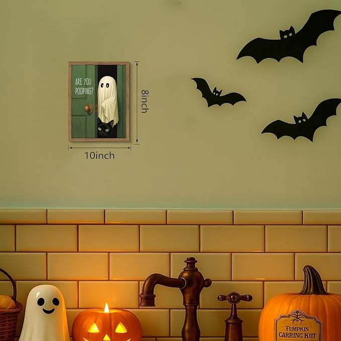 Funny Halloween Bathroom Wall Art, Vintage Cute Ghost Cat Canvas Wall Decor Paintings, Funny Are You Pooping Artwork Poster Print Picture for Bathroom Restroom 8x10 Inch Framed