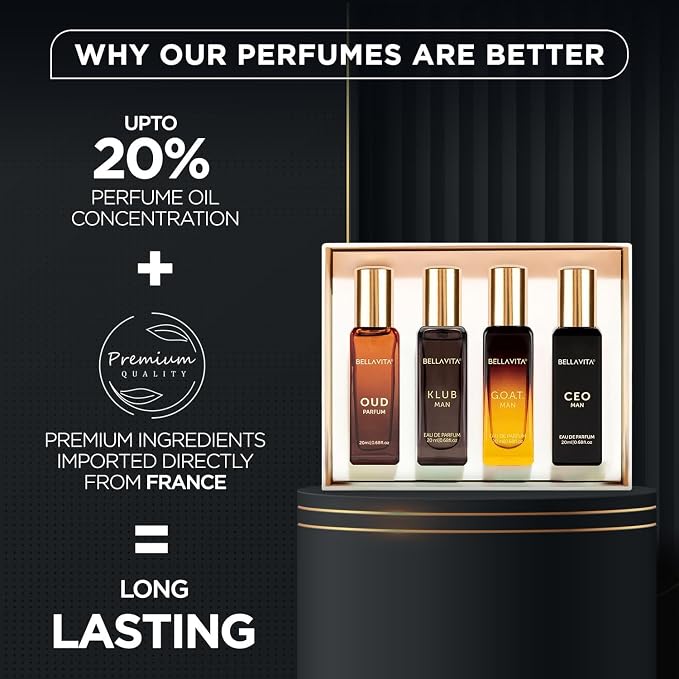 Bellavita Luxury Men's Perfume Gift Set with CEO Man, G.O.A.T., Klub, and Oud | 80ml | Perfume for Men | Lavender, Patchouli, Lemon, and Caramel Notes | Long Lasting Men's Fragrance