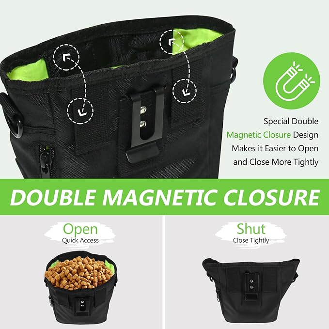 kissleaf Dog Treat Pouch, Magnetic Closure, Dog Clicker- Black