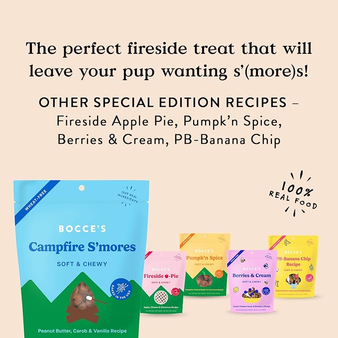Bocce's Bakery Campfire S'Mores Soft Chewy Dog Treats (PB, Carob & Vanilla) | Oven Baked, Wheat-Free Everyday Dog Treat Cookies - Made with Real, Limited Ingredients and Baked in The USA (6 oz)