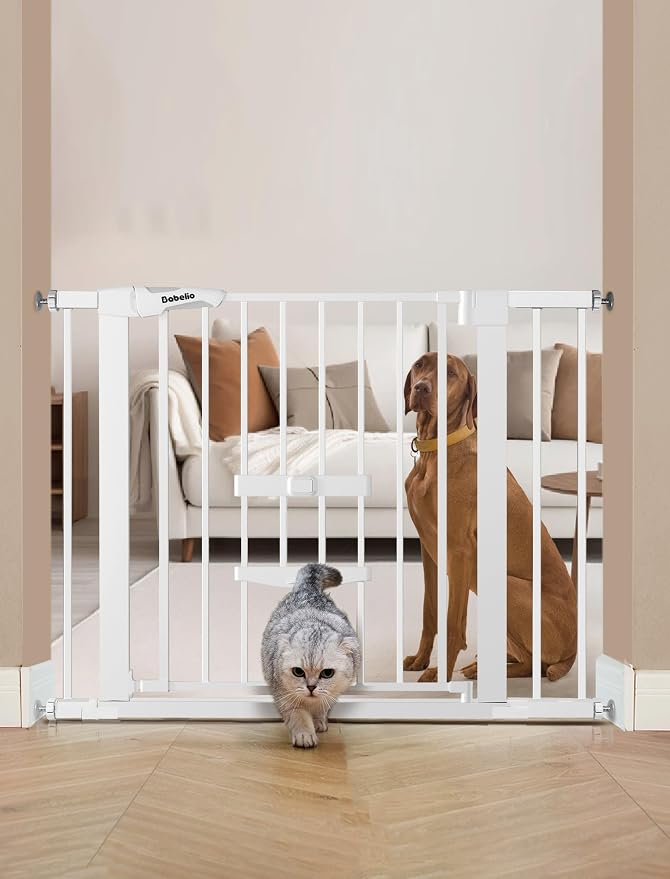 Babelio Baby Gate with Cat Door, CatPrivilege II, 29-40" | Auto Close, 6-Level Adjustable Metal Gate with Pet Door for Stairs & Doorways, Pressure Mounted, No Drilling, White