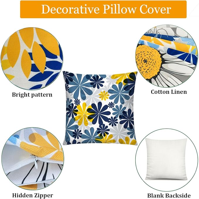 Navy Yellow Linen Throw Pillow Covers 18x18 Set of 6, Daisy Floral Decor | decorative daisy dahlia, Botanical floral, Standard Throw Pillow Size, Breathable Linen, Spring Couch Sofa Living Room