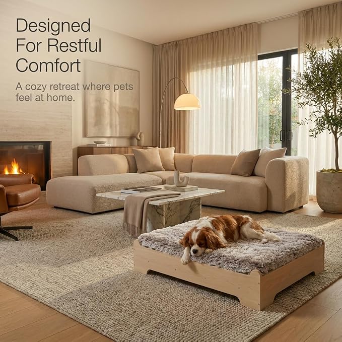Elevated Wood Dog Bed Frame with Foam Mattress, WoodPattern, S | Raised Dog Bed with Washable Cover, Furniture-Style Design for Indoor Living