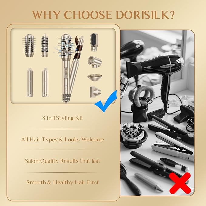 DORISILK 8 in 1 Hair Styler & Hair Dryer Brush Blow Dryer, 110,000 RPM High-Speed Hot Brush Styler, Ionic Smooth Cepillo Secador de Cabello Multi Straightener Curler Volumizer Dryer, Champagne Gold