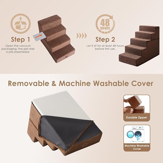 EHEYCIGA Dog Stairs for High Bed 22.5" H, 5-Step Dog Steps, Brown | Pet Steps for Small Dogs and Cats for Bed, Non-Slip Balanced Pet Ramp Indoor