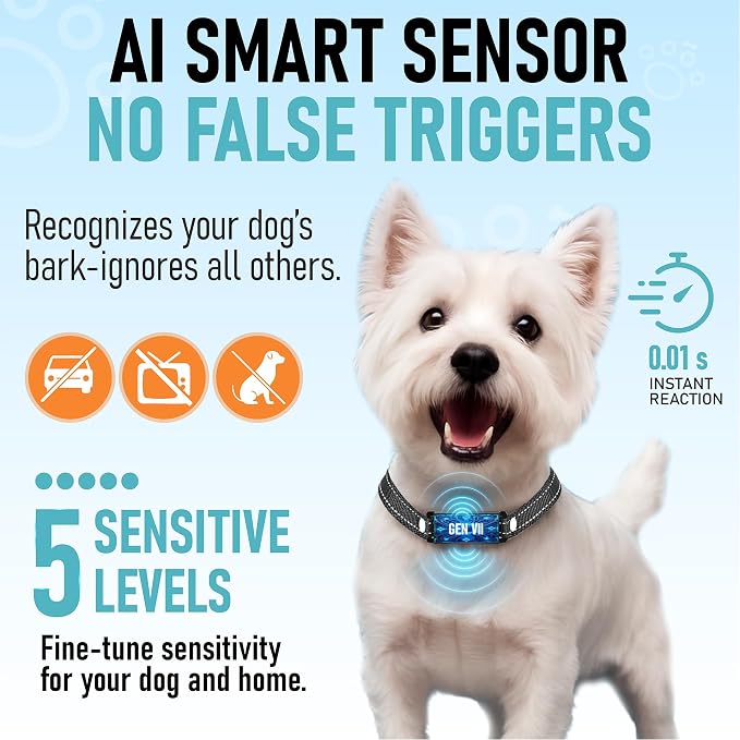 No Shock Bark Collar for Small Dogs 8-40 lbs - Beep & Vibration, Smart Screen, 5 Sensitivity, Anti-False Trigger, Magnetic Rechargeable, IP67 Waterproof, Black/Black