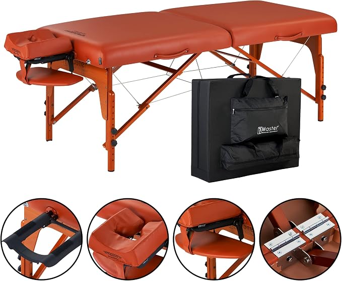 Master Massage 31" Santana Pro Portable Massage Table Beauty Bed Package with Extra MusicMaster Ergonomic Dream Sound Face Cradle Cushion- Cinnamon