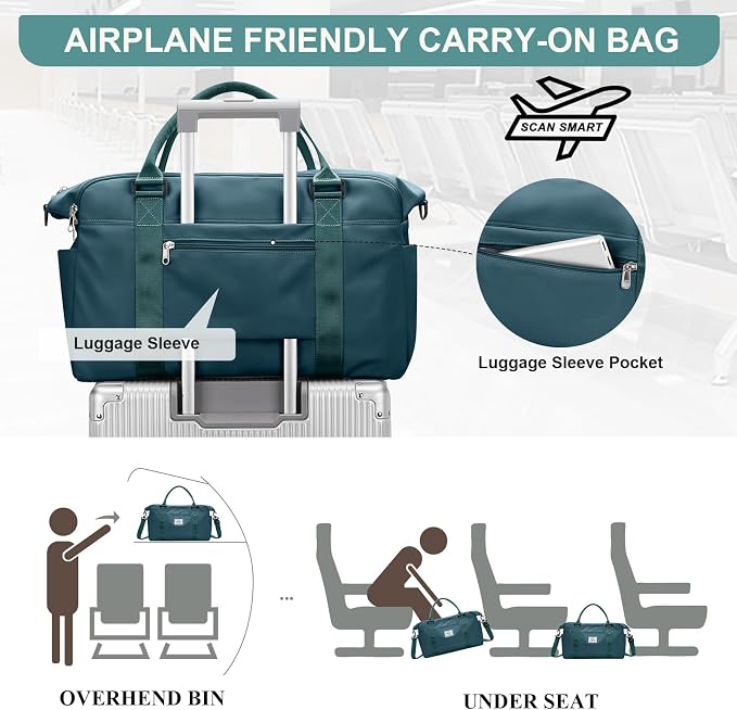Travel Duffel Bag, Carry On Overnight Weekender Bags for Women | Travel Bag with Wet Pocket & Trolley Sleeve, For Spirit Airlines 18x14x8 Personal Item Bag