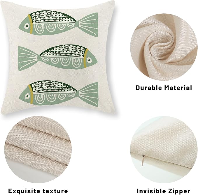 Coastal Pillow Covers 18x18 Inch Set of 2 Ocean Beach Green Fish Throw Pillows Summer Nautical Outdoor Decorative Pillow Cases Linen Farmhouse Cushion Cover for Couch Home Sofa Bedroom Decor