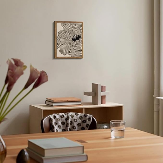 Framed Abstract Floral Wall Art, Neutral Line Flower Canvas Wall Decor Painting, Modern Minimalist Botanical Poster Print Picture for Living Room Bedroom Bathroom 12x16 Inch