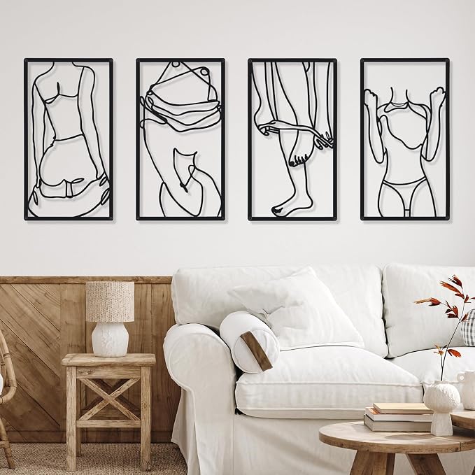 Cindeer 4 Pcs Metal Wall Art Decor Minimalist Abstract Woman Wall Art Line Drawing metal line art Home Hanging Art Decor for Bedroom Kitchen Bathroom Living Room(Classic,Black)