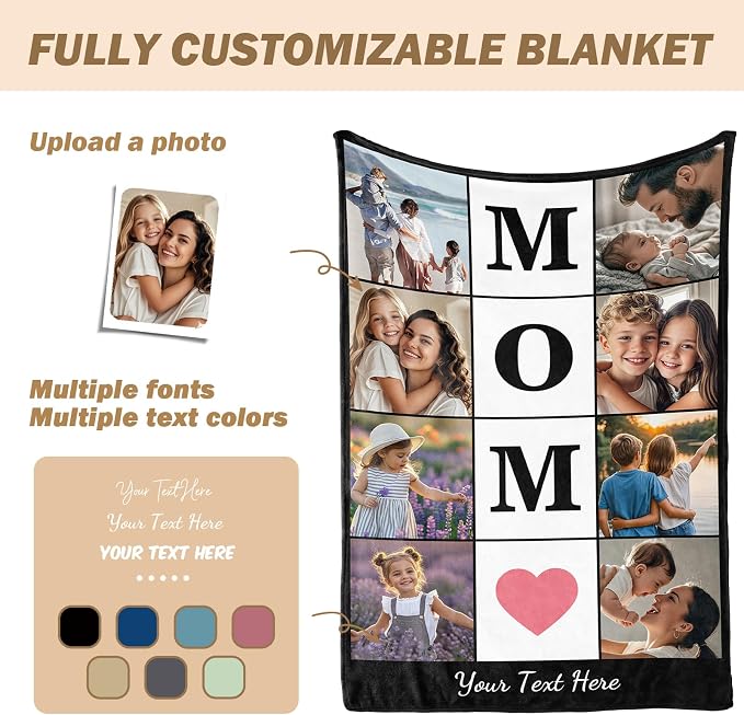 iDIY Custom Mom Blanket with Photo & Text - Ships Next Day - Mother’s Day Personalized Gifts - Customized Gifts for Mom, Wife, Dad, Kids