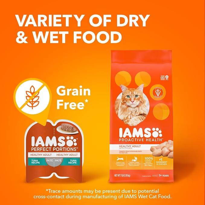 IAMS Perfect Portions Healthy Adult Pate Wet Cat Food, Chicken, 24 Count | Grain-free, 2.6 oz. twin-pack trays, Omega 6 & 3 for skin & coat, prebiotics & beet pulp, snap-peel-serve, no messy leftovers