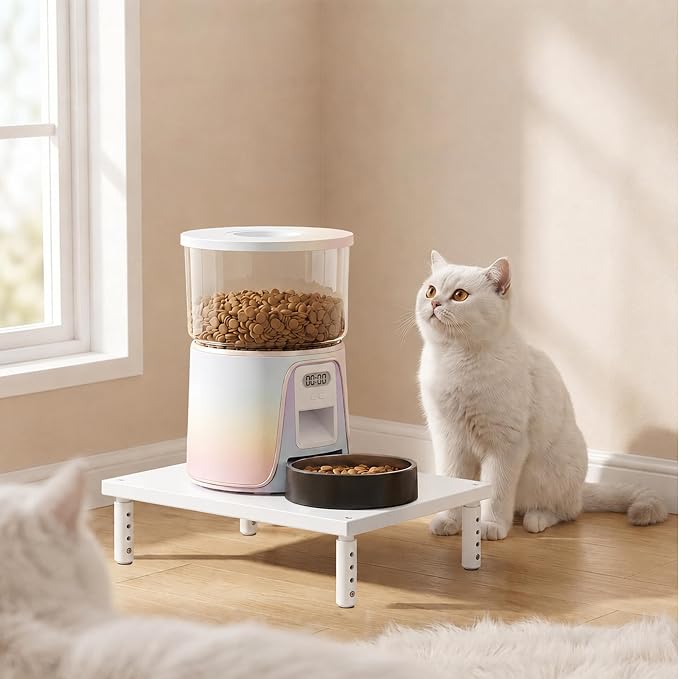 Adjustable Cat Food Stand, Elevated Cat Feeder Stand with 4 Height Settings, Automatic Cat Feeder & Tradition Bowls, Raised Pet Feeding Table Station for Cats & Small Dogs, White Wood