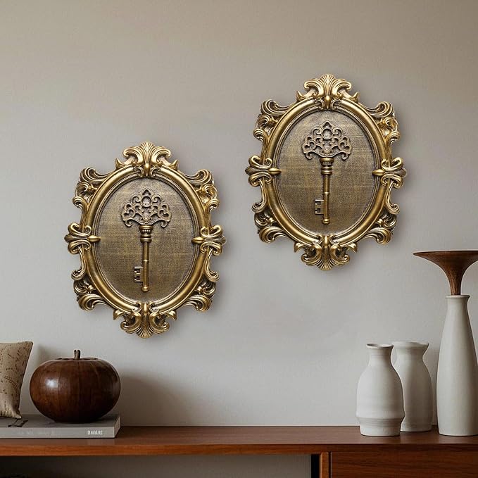 Vintage Key Wall Sculptures 2 Pack Antique Wall Decor Hallway Wall Art for Home Hand Painted Decoration with Embossed Key Design Vintage Decor for Living Room Bedroom Gallery Unique Gifts (Gold keys)
