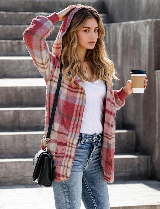 Zilcremo Women Hooded Cardigan Fuzzy Jacket Winter Open Front Fleece Coat Outwear with Pockets