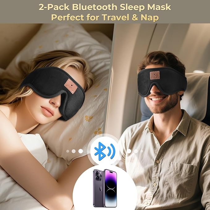 2-Pack 3D Sleep Mask with Bluetooth Headphones, Sleep Headphones, Bluetooth Sleep Eye Mask with Adjustable Hook and Loop, Ultra-Thin Stereo Speakers Perfect for Men/Women Sleeping Gifts