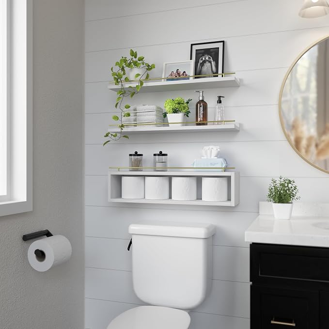 Floating Shelves for Wall 24 inch with Cube Shelf, Wall Shelves with Metal Rail for Decor, Bathroom Organizers and Storage, Over Toilet Shelves for Bathroom, Toilet Paper-White&Gold