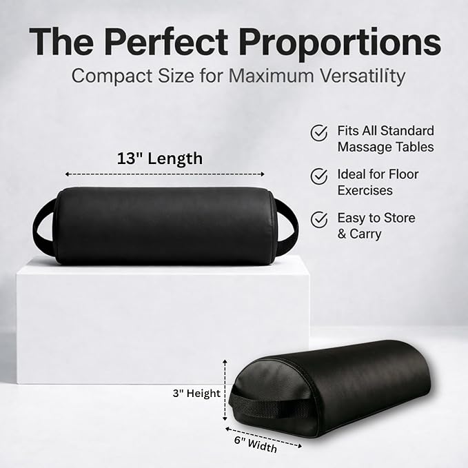 ForPro Premium Half-Round Neck Bolster Pillow for Massage Table, Semi-Round Support Cushion for Neck, Knee & Ankle, High-Density Foam, Oil & Stain-Resistant, Black, 6"W x 3"H x 13"L