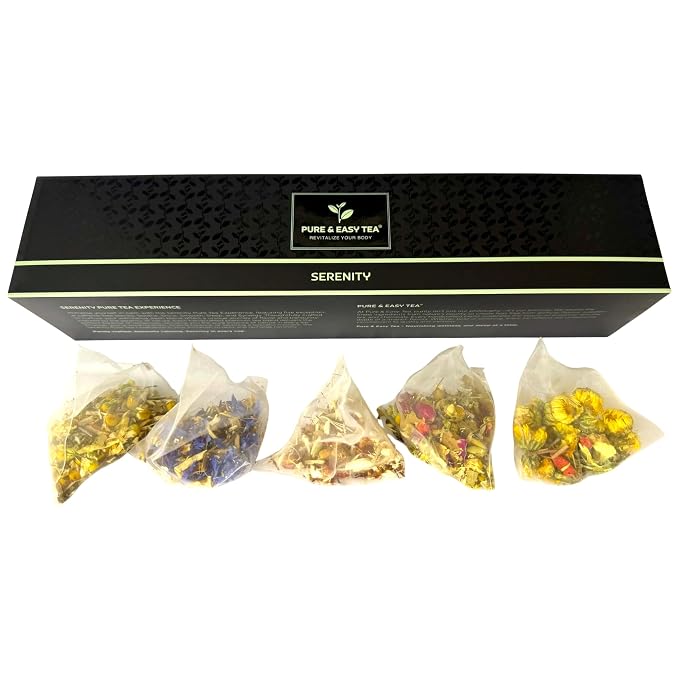 Pure And Easy Tea, Serenity Herbal Tea Flight Sampler, 15-Count Whole-Leaf Caffeine-Free Variety, Designed to Restore Calm & Balance, BPA-Free Plant-Based Tea Bags, Premium Wellness Gift Box (49.5g)