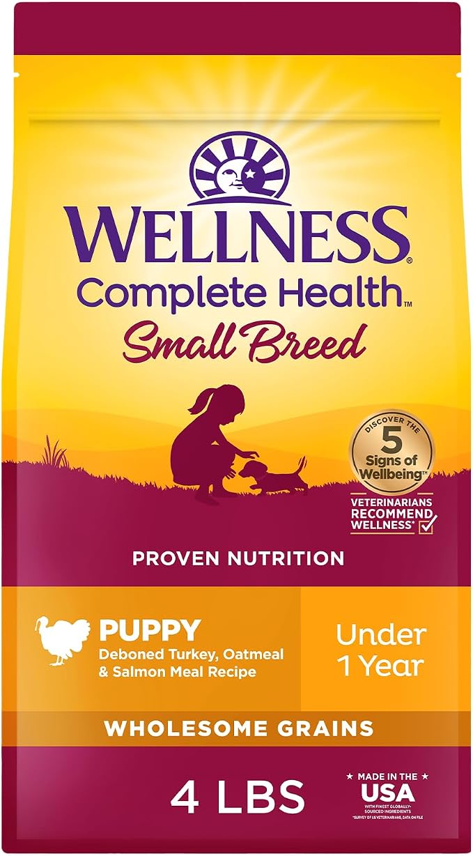 Wellness Complete Health Small Breed Puppy Dry Dog Food, Wholesome Grain Kibble, Natural, Turkey, Oatmeal, and Salmon Recipe, 4 lb Bag