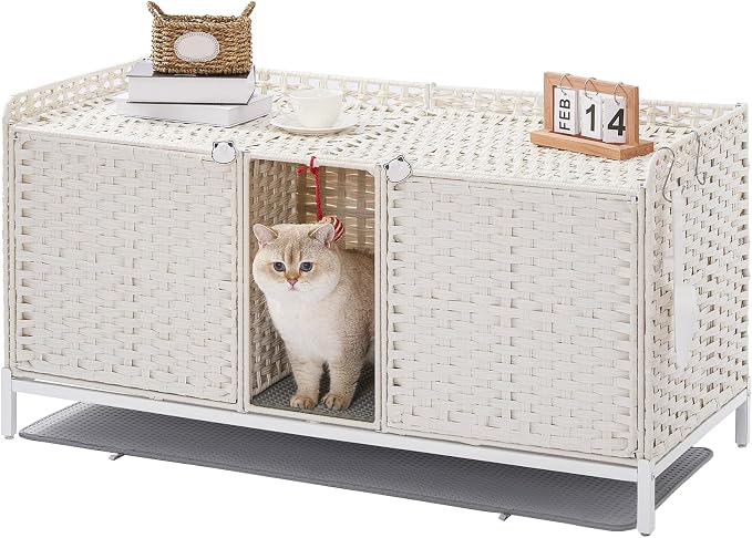 SETVSON Cat Litter Box Enclosure for 2 Cats, PE Rattan Kitty House, White | Handwoven PE Rattan with 2 Absorbent Mats, 3.2-In Heightened Metal Feet, 2 S-Hooks, 47.3 x 19.7 x 24 Inches Cabinet