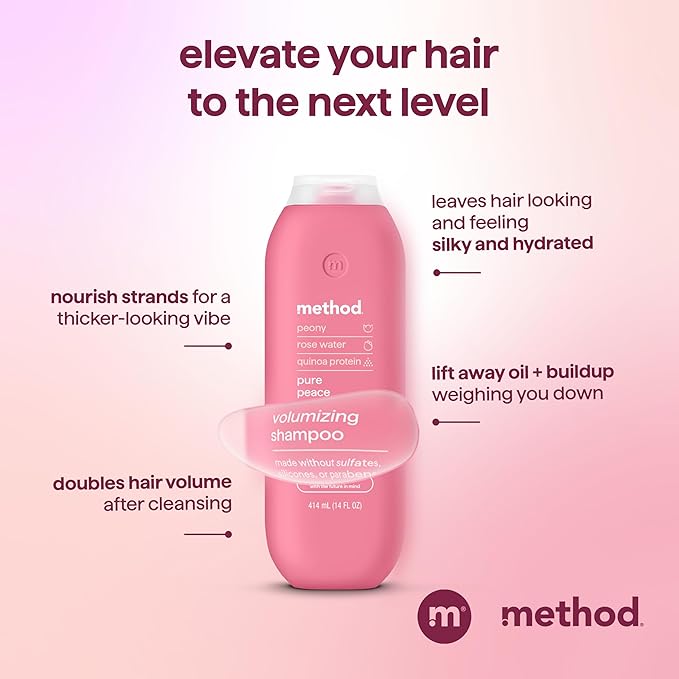 Method Volumizing Shampoo, Pure Peace with Rose, Peony, and Pink Sea Salt Scent Notes, Paraben and Sulfate Free, 14 oz (Pack of 1)