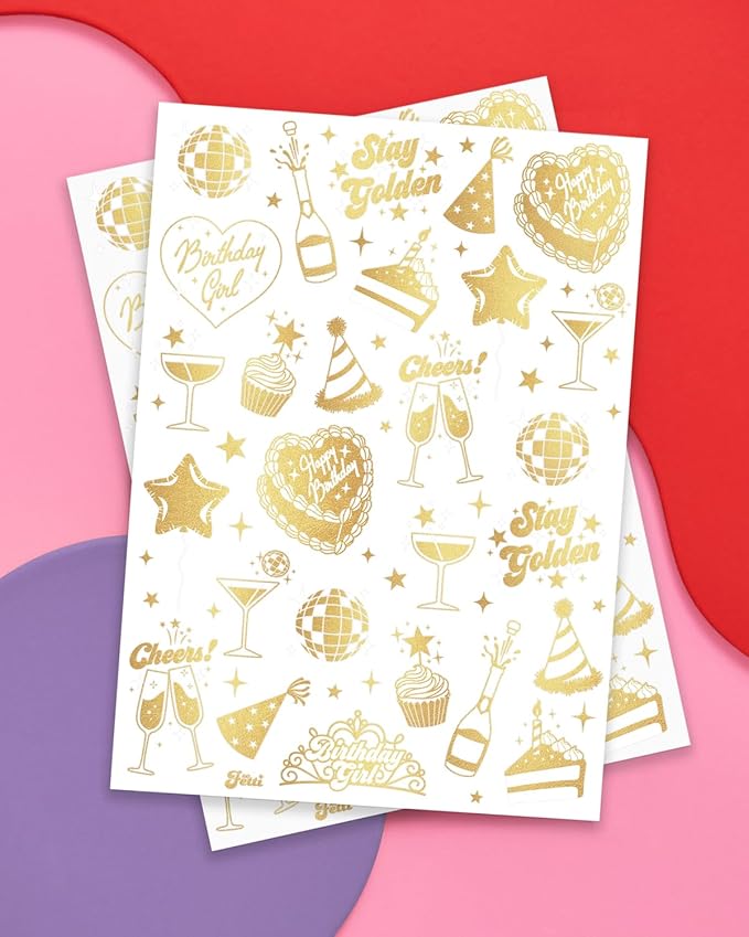 xo, Fetti Golden Birthday Temporary Tattoos - 50 gold styles | Birthday Party Decorations, Fun Birthday Girl Party Favors, HBD, Older Wiser Hotter, Fifty and Fabulous, Funny Bday Gift