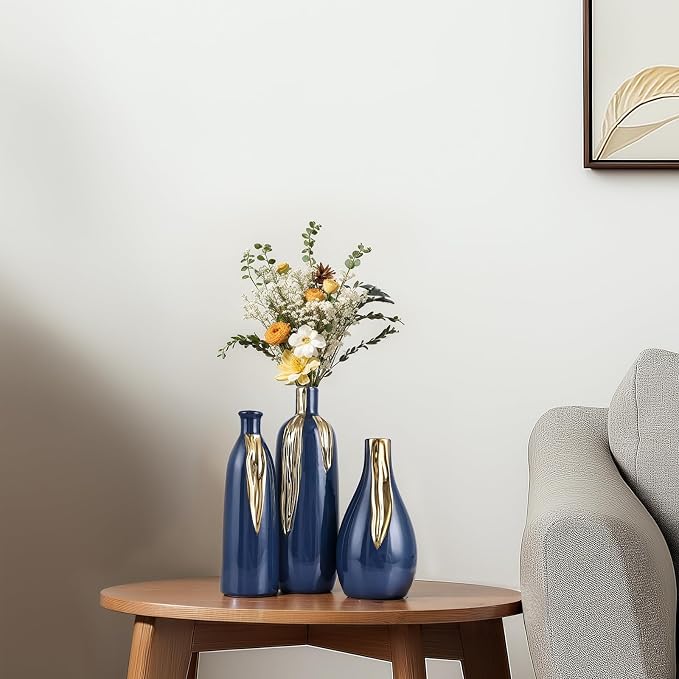 Blue and Gold Vase Set of 3, Modern Ceramic Decorative Vases for Living Room, Bedroom, Art Decor, Mantle, Home Event Decor, Office Decorative, Weddings, Rustic & Farmhouse (Blue Gold)