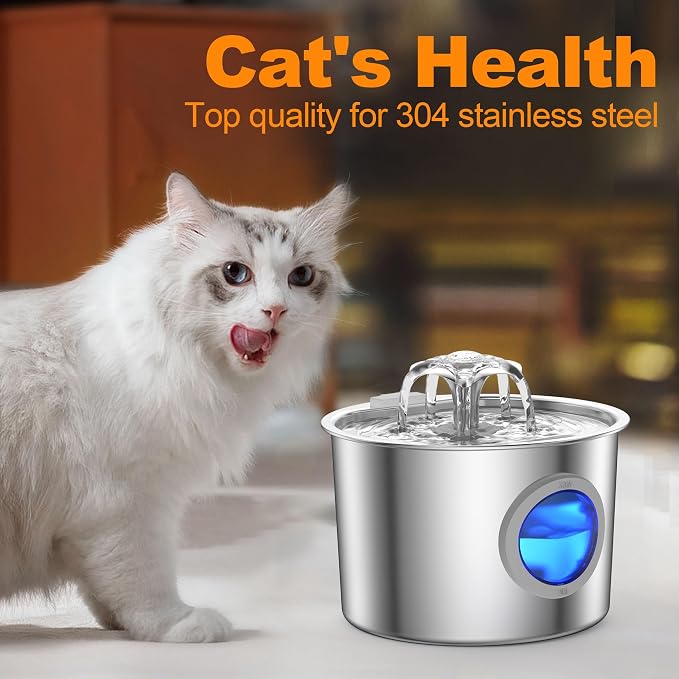Premium Cat Water Fountain - Whisper-Quiet, 304 Stainless Steel, Smart Pump for Hydration Obsessed Cats | 74oz, 6 Filters Included (74oz Cat Fountain+6 Filters +6 Sponges)