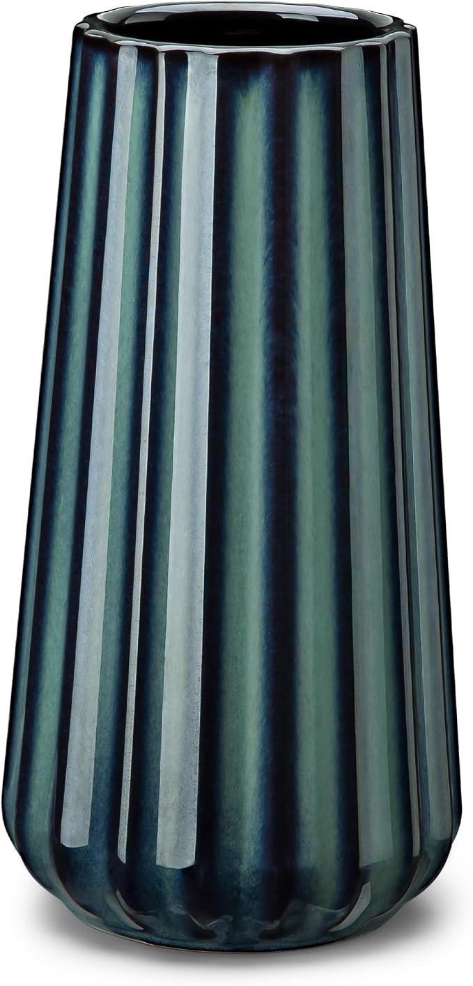 vancasso Ceramic Vase, 7.8 Inch Modern Ribbed Glossy Decorative Vase, Flower vase for Home Decor, Living Room, Bedroom, Office Decor, Green