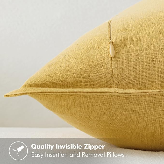 MIULEE Decorative Linen Pillow Covers 18x18 Inch Yellow | Boho Farmhouse Neutral Couch Throw Pillows for Bed, Pack of 2 Accent Modern Pillowcases, Sofa Livingroom Home Decor