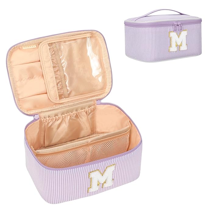 OCHEAL Makeup Bag Valentines Day Gifts for Women, Monogram Cosmetic Bag Purple Travel Makeup Case Beauty Toiletry Bag Organizer Personalized Gifts for Girls Bridesmaid, Sister, Wife, Friends Initial M