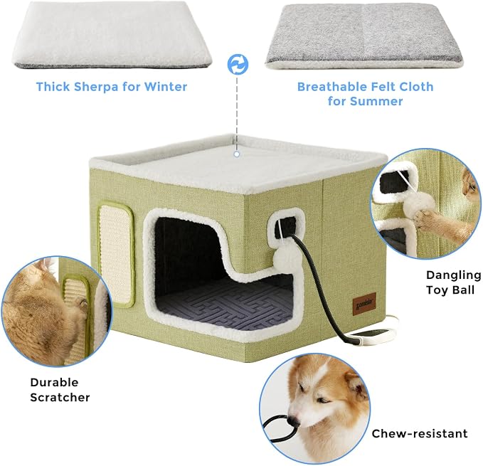 ZOMISIA Heated Cat House for Indoor Cats - Cat Warming Bed for Winter with Fluffy Ball Hanging and Adjustable Heating Pad, Foldable Cat Hideaway,16.5x16.5x13 inches, Navy Blue