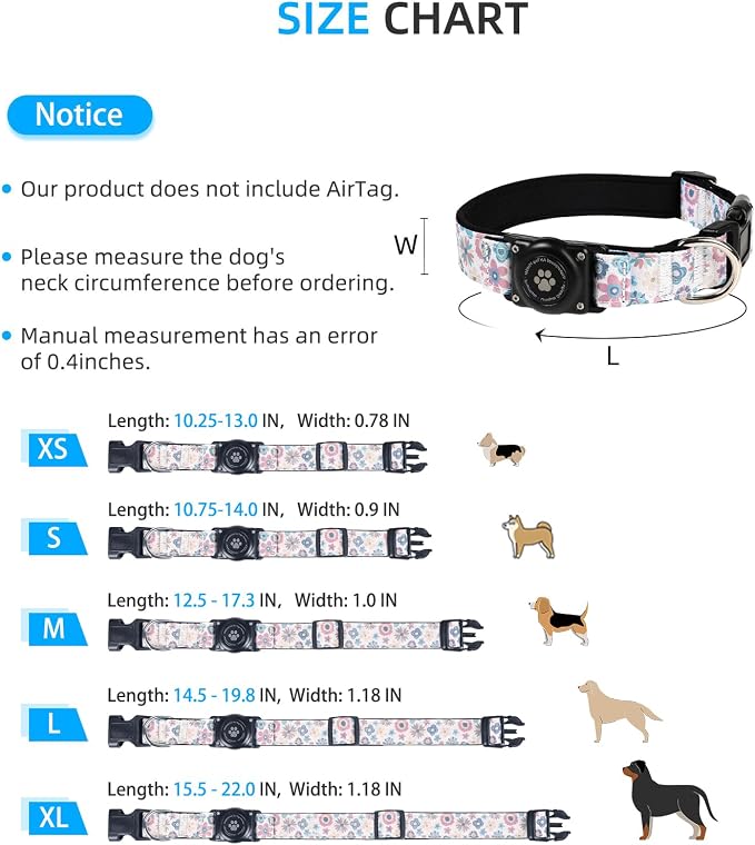 Upgrade Dog Collar with AirTag Holder, IP68 Waterproof, Boho Bloom, XL | Built-in Water Resistant AirTag holder, 1000D Nylon, Reflective Stitching for Night Visibility, Soft padding for Comfort