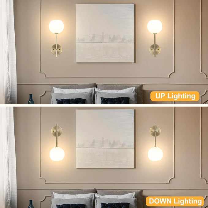 Brass Battery Operated Wall Sconces Set of 2, Rechargeable Wireless Wall Lights with Milky White Frosted Glass, 12 RGB and 3CCT Dimmable, Wall Lamps with Remote for Bedroom Living Room Hallway