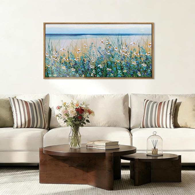 Large Blue Seaside Cyan Floral Wall Painting wildflower Blossom Art Framed Artwork for Living Room Bedroom 20x40 Inch