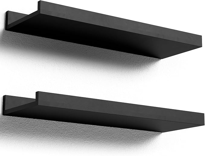 Boswillon Floating Shelves Set of 2, Small Wall Shelf with Lip, 16in, Black | Display Ledge Shelf for Room Wall, Wall Decor Shelves for Bathroom, Living Room, Bedroom, Kitchen, Nursery Room, Modern, Wood