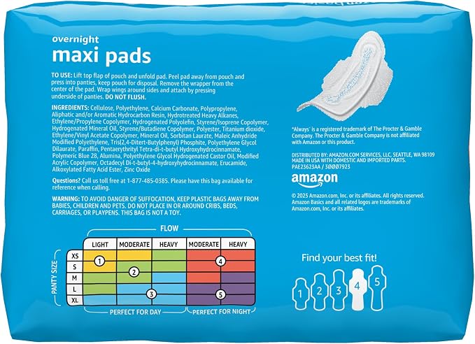 Amazon Basics Thick Maxi Pads with Wings for Periods, Overnight Absorbency, Feminine Pads, Unscented, Size 4, 112 Count (4 Packs of 28)
