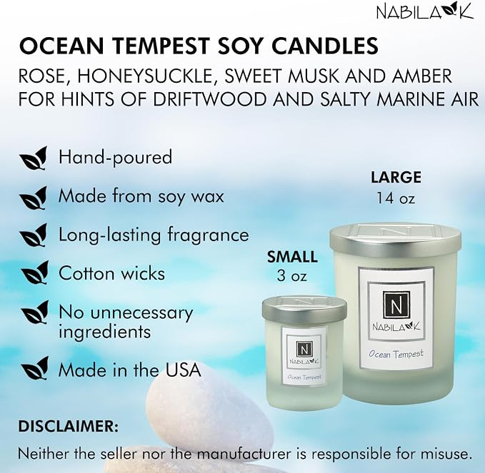 Nabila K – Ocean Tempest - Soy-Based Candle – Rose, Honeysuckle, Sweet Musk, Amber - Hand-Poured - Cotton Wick - Aromatherapy Candle w/Essential Oils - Made in USA - 14 oz