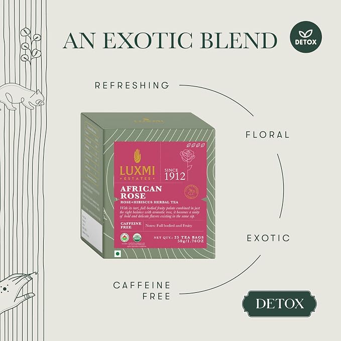Luxmi Estates African Rose Organic Hibiscus Rose Tea (25 Tea Bags) Caffeine Free Tea Bags For Detox, Cleansing, and Digestion, With Certified Organic Herbal Tea | Direct From Source - Plant Based Biodegradable Tea Bags