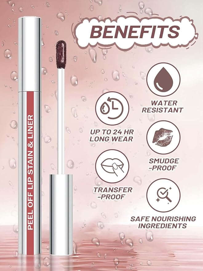 Lip Stain Peel Off Lip Liner Stain with Tweezer, Long Lasting Matte Lip Tint Tattoo, Highly Pigmented Color Lip Makeup, Waterproof Lipstick, Transfer-proof Lipstain for Women, Brown