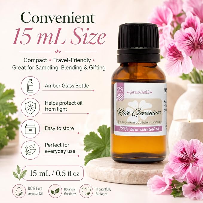 GreenHealth Rose Geranium Essential Oil 15 mL – Sweet Floral Aromatherapy Diffuser Oil, Undiluted Essential Oil for DIY Candles, Soap Making & Home Fragrance