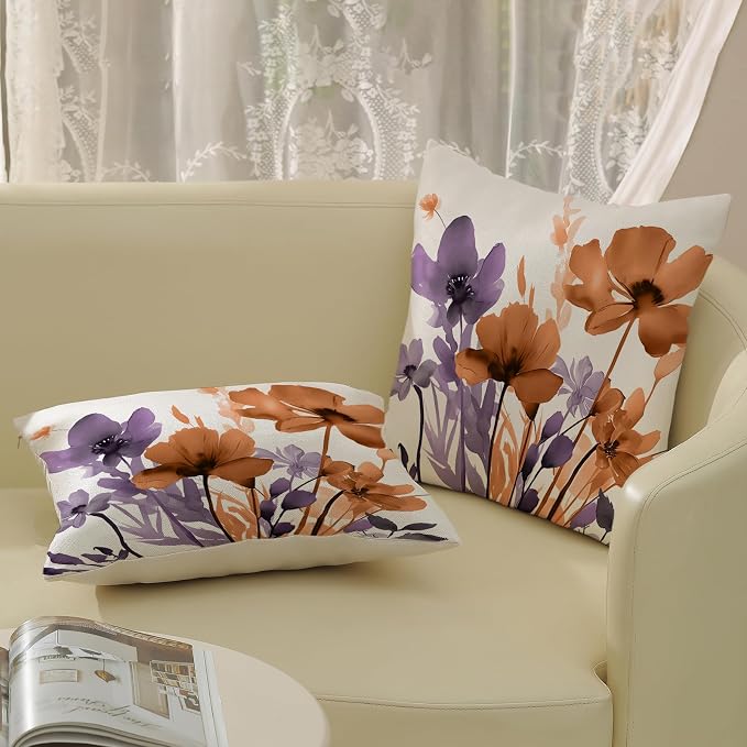 Floral Pillow Covers 18x18 Inches Set of 2 Fall Purple Orange Floral Throw Pillow Covers Outdoor Rustic Summer Flower Decoration Pillowcase Farmhouse Decorative Cushion Cover for Couch Sofa