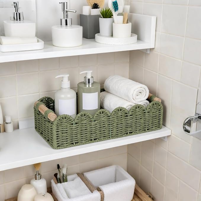 CubesLand Scalloped Toilet Paper Storage Basket W/Handle for Home Decor | Paper Rope Toilet Organizer Basket for Countertop, Over Toilet Shelf, End Table, Living Room Cozy Decorative & More, Green
