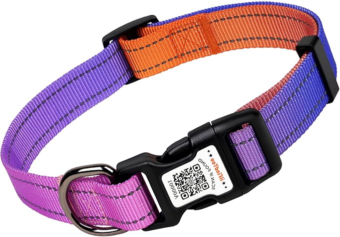 Personalized Dog Collar with QR Code Dog Tag, Pink&Orange L | Anti-lost, 1000D nylon, reflective, padded, XS-L(8"-24"), QR buckle shares lost pet profile, location alerts when scanned