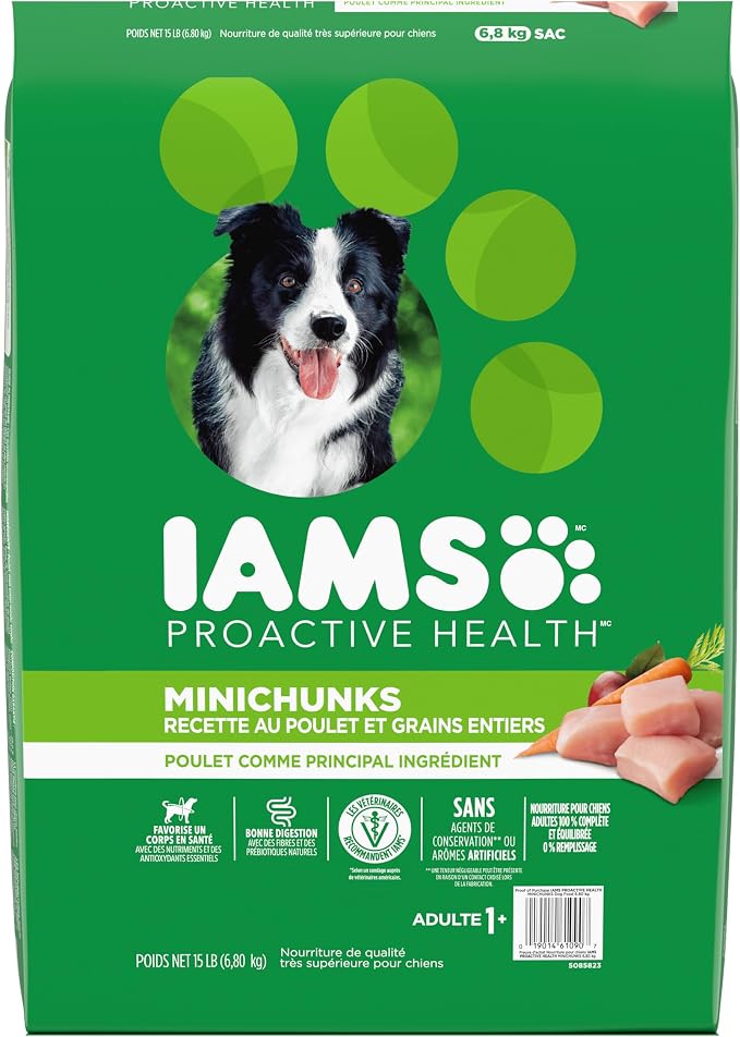 IAMS Proactive Health Adult Minichunks Dry Dog Food, Chicken, 15 lb | Real chicken #1 ingredient, no fillers, natural fiber & prebiotics, Omega-6 fatty acids, antioxidants for immune support